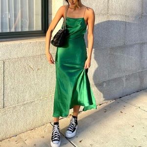 Zara | Dresses | Zara Limited Edition Long Silk Dress Green | Poshmark